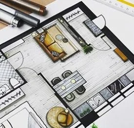 Een ingekleurde plattegrondschets uit een interieurontwerp